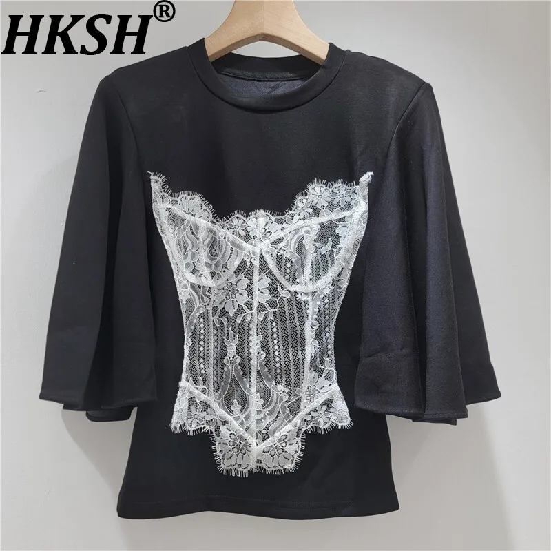 

HKSH Новая летняя женская футболка с круглым воротником, кружевная лоскутная футболка контрастного цвета с коротким рукавом, модная элегантная трендовая футболка, шикарный топ HK16629