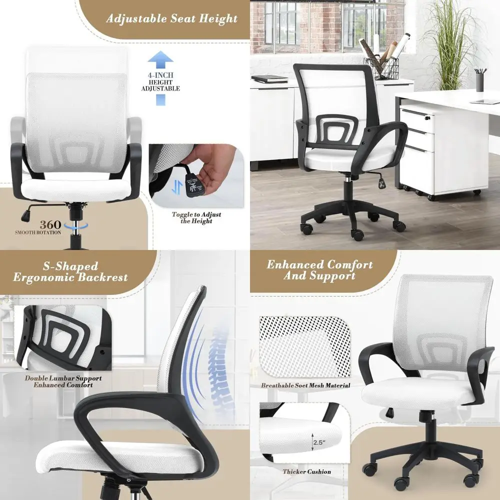 

Эргономичное офисное кресло с сетчатой спинкой, регулировкой высоты и колесиками, удобное для дома и учебы, белое