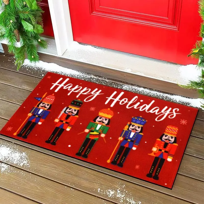 VIKAMA Happy Holidays Nutcracker Door Mat Red Christmas Soldier Welcome Rug Xmas Entryway Floor Mat Non Slip Soft Holiday Decor