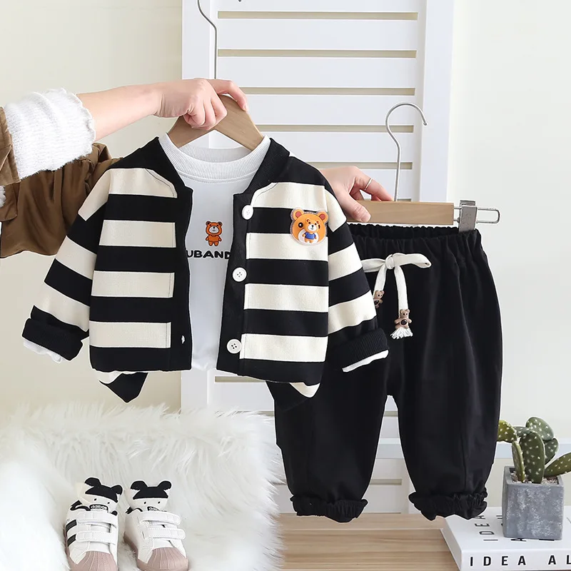 

Boys Casual Suit 2025 New Spring Autumn Baby Boy Striped Bear Head Long Sleeve Jacket + White T-shirt + Pants Three Piece Set