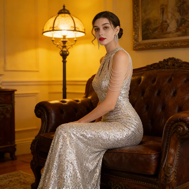 

Women Summer Sleeveless Cut out Key hole Elegant Sexy Bodycon Sequined Cocktail Wedding Evening Long dress