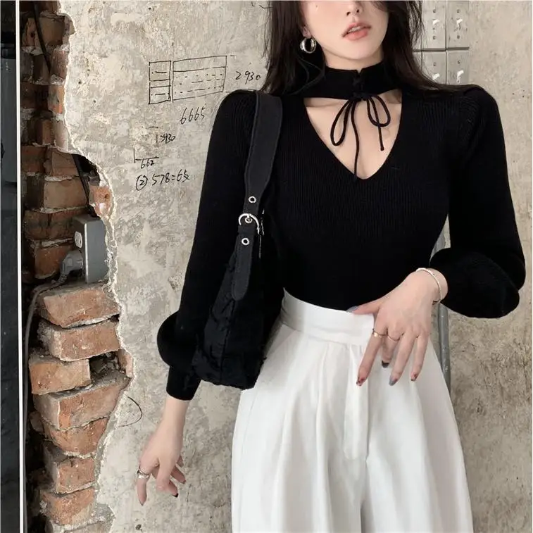 Long Sleeve Top Korean Fashion Choker Neck Sweaters Women Sexy Ribbed Knit Sweater Halter Top Black Cropped Sweaters V Neck