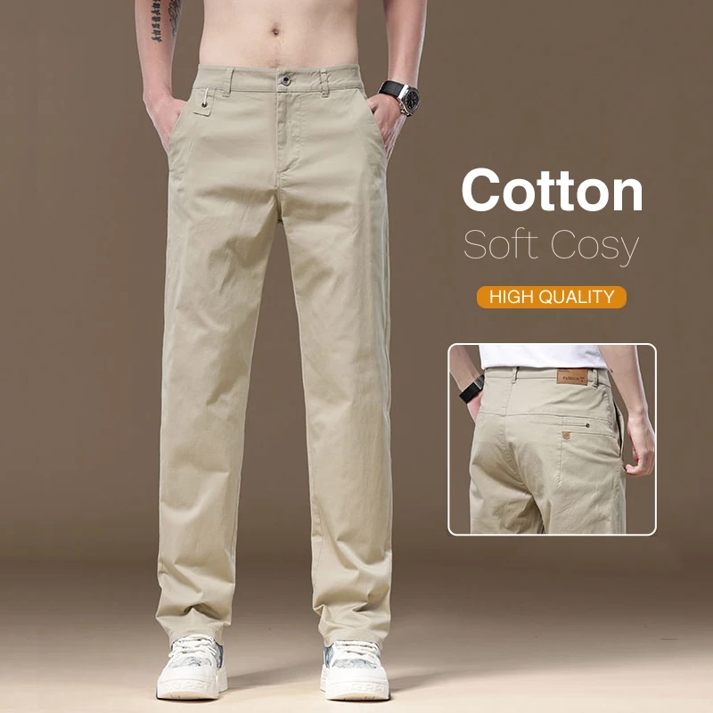 

97% Cotton Men's Casual Pants Summer Fashion Comfortable Business Straight Trousers High Quality Brand Male Clothes Khaki Gray