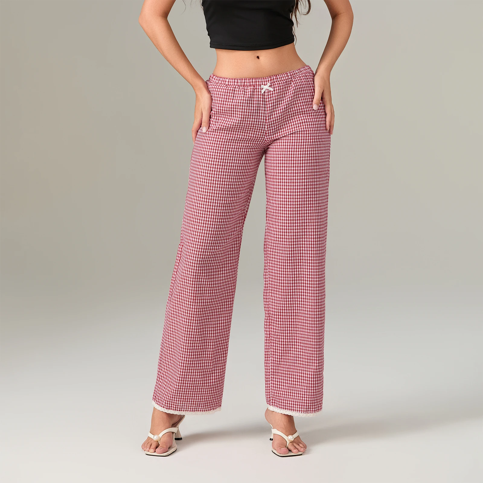 

Women Wide Leg Pants Casual Plaid Print Loose Elastic Waist Trousers for Work Office Streetwear