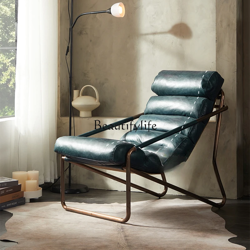 

Nordic Modern Retro Genuine Leather Couch Oil Wax Leather Single Leisure Recliner Light Luxury Lazy Sofa