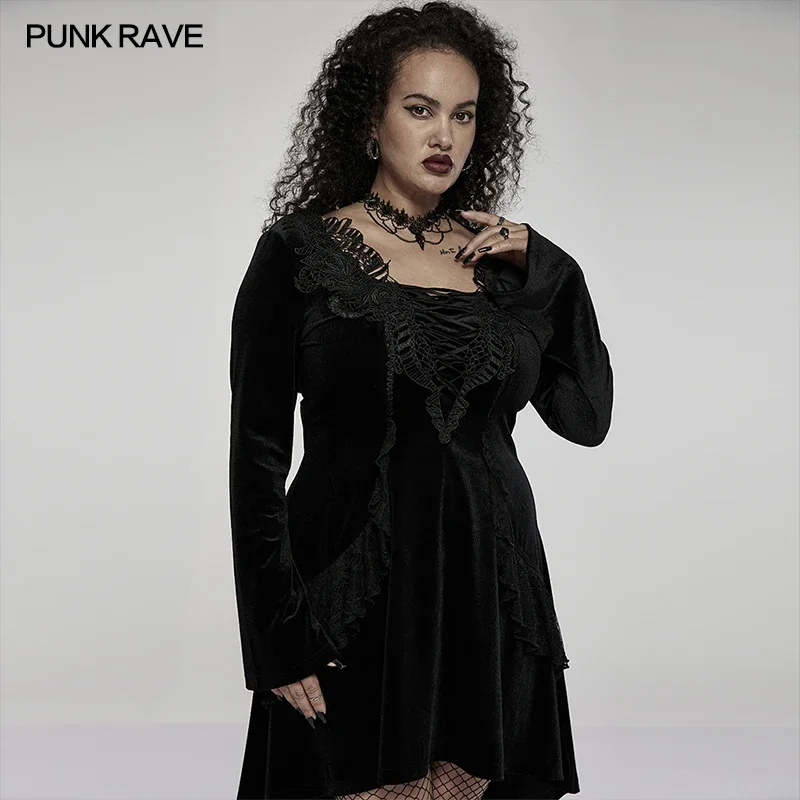 

PUNK RAVE Women's Gothic Gorgeous Velvet Dress Long Sleeve Little Flared Cuffs Adjust The Waist Size Party Club Dresses