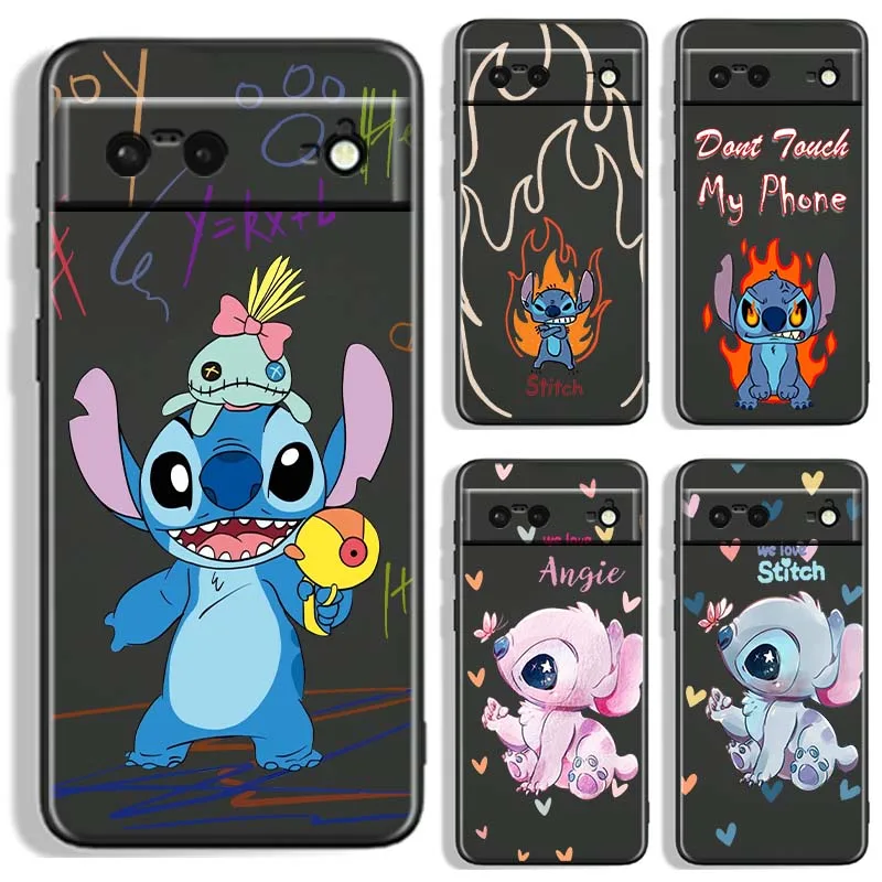 Disney Stitch Angel enojado para Google Pixel 9a 9 8A 8 7 7A 6 6A Pro XL 2024 5G negro suave TPU funda de silicona para teléfono
