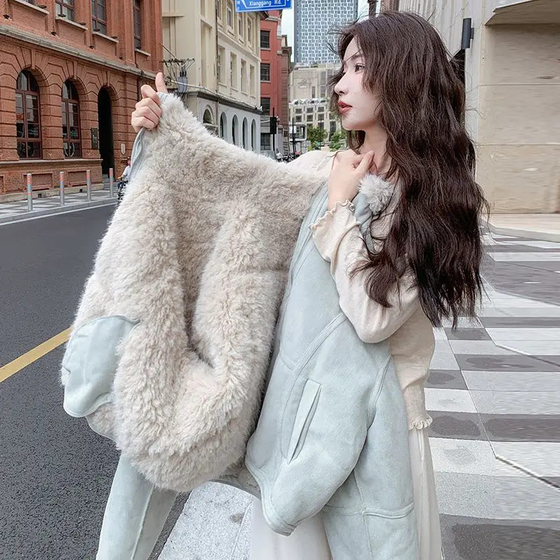 

Женская куртка из искусственного меха с эффектом овчины, однотонная, стеганая, с отложным воротником, длинными рукавами, на молнии, прямого кроя, для офиса и повседневной носки, Зима 2026