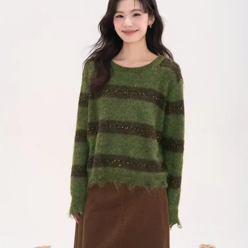 

Осенне-зимний новый модный вязаный полосатый свитер с длинными рукавами и круглым вырезом, свободный топ