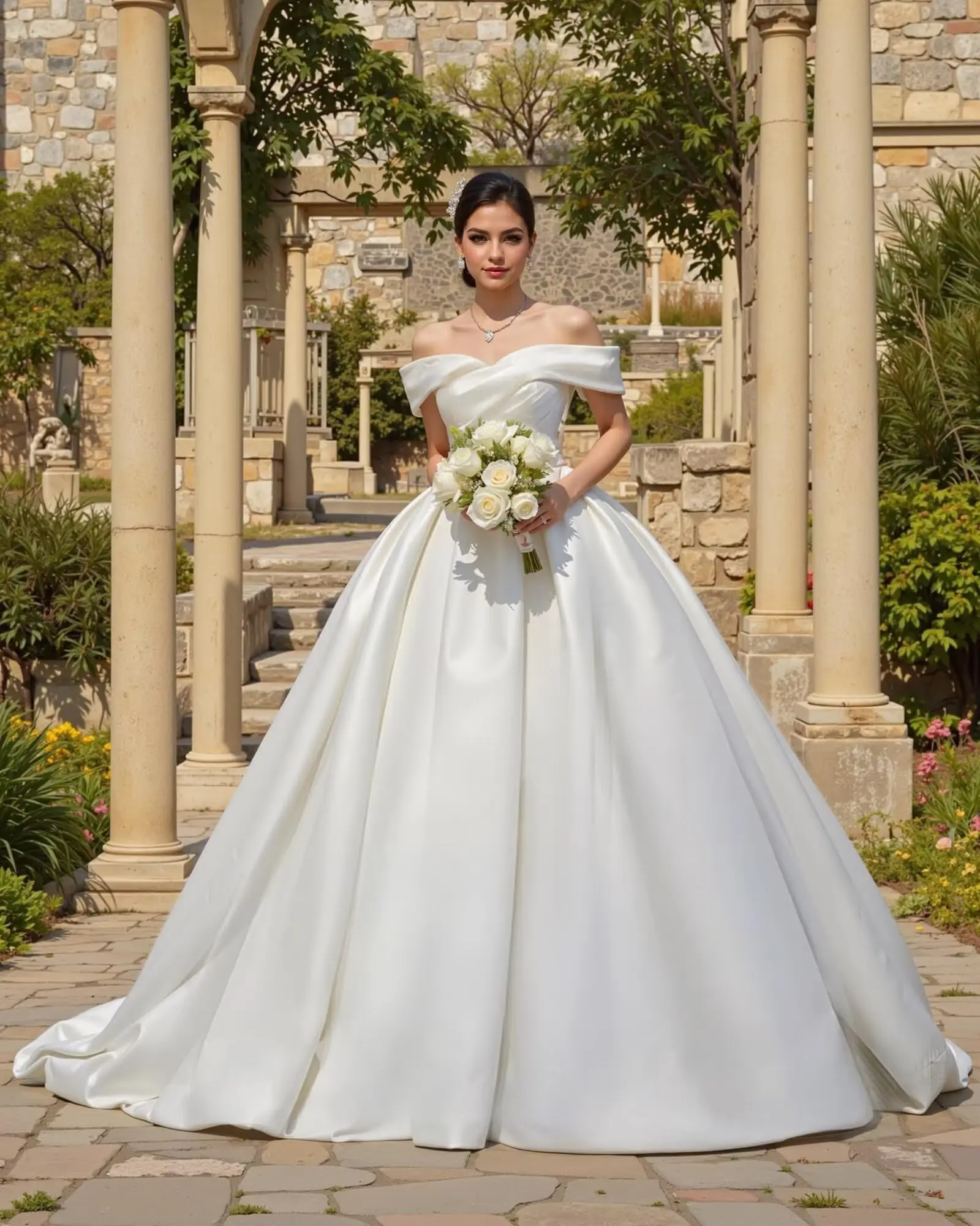 

Womens Off Shoulder Satin Wedding Bridal Dresses for Bride Aline Strapless Open Back V Neck Formal Evening Ball Gown