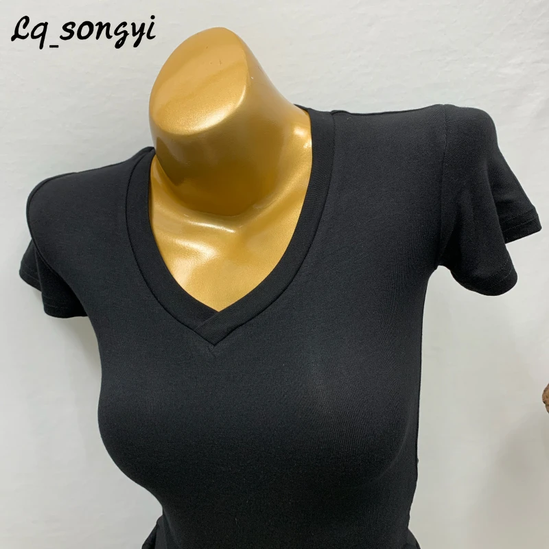 

Lq_songyi Summer V Neck Thin T Shirts Women High Strech Tops Solid Basic Soft Tops 2024 New Short Sleeve Sexy Slim T Shirts