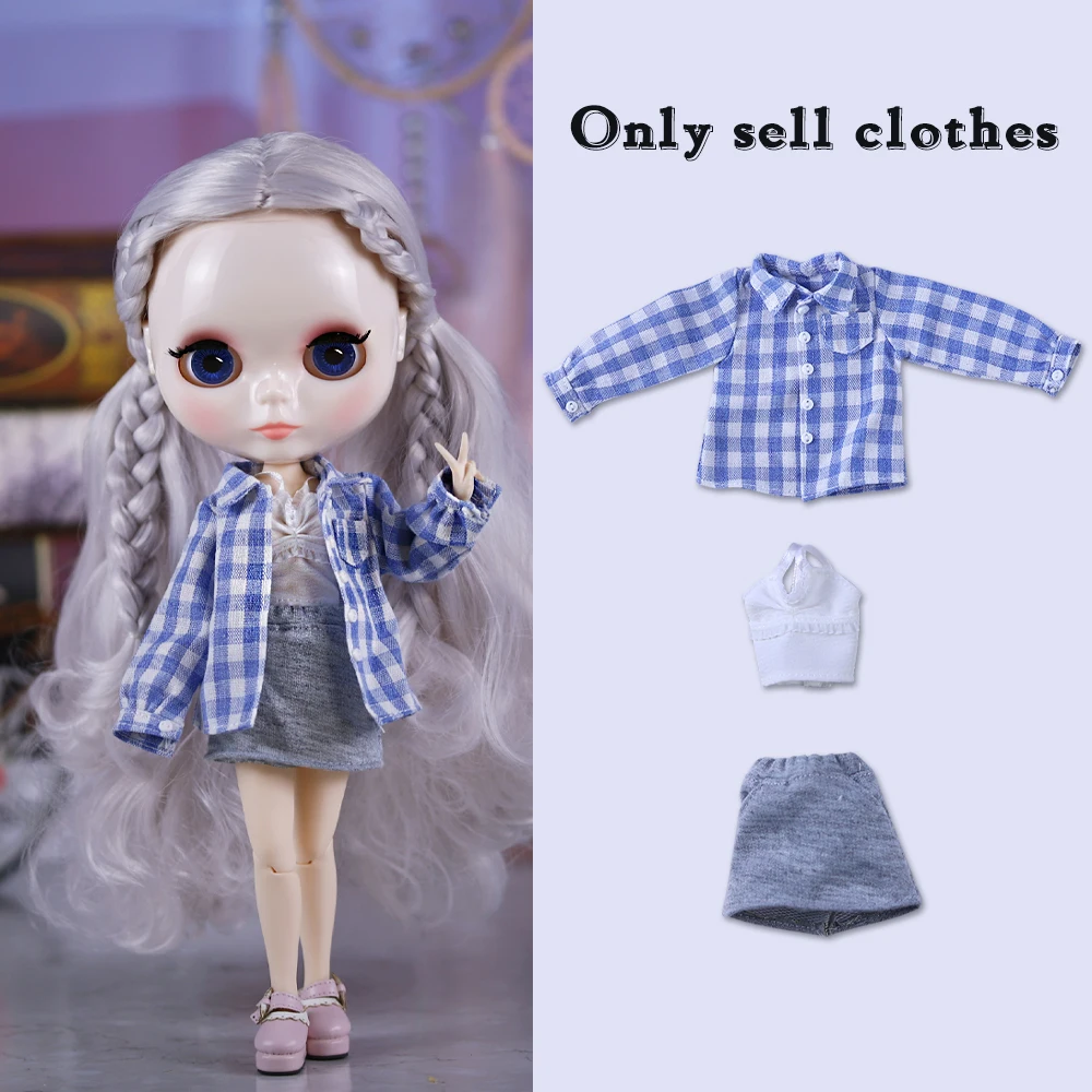

ICY DBS blyth Casual Set Blue Plaid Shirt Dress Three-Piece Set Anime Girl 1/6 BJD jiont Body