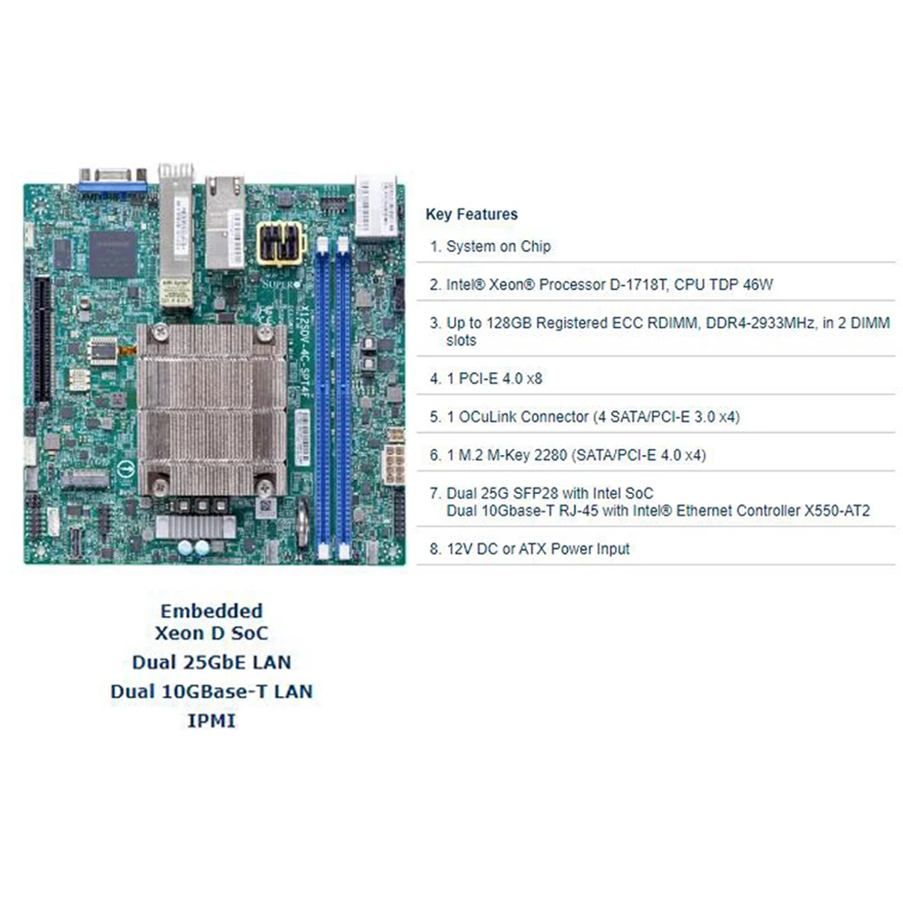 X12SDV-4C-SPT4F Mini-ITX DDR4 4*SATA Xeon Processor D-1718T For Supermicro Motherboard