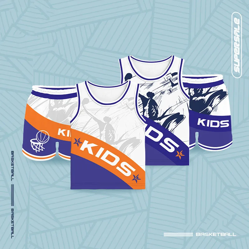 

Kids Basketball Sets For Boys Girls Full Sublimation Customizable Name Number Printed Tracksuits Quickly Dry Training Sportwear