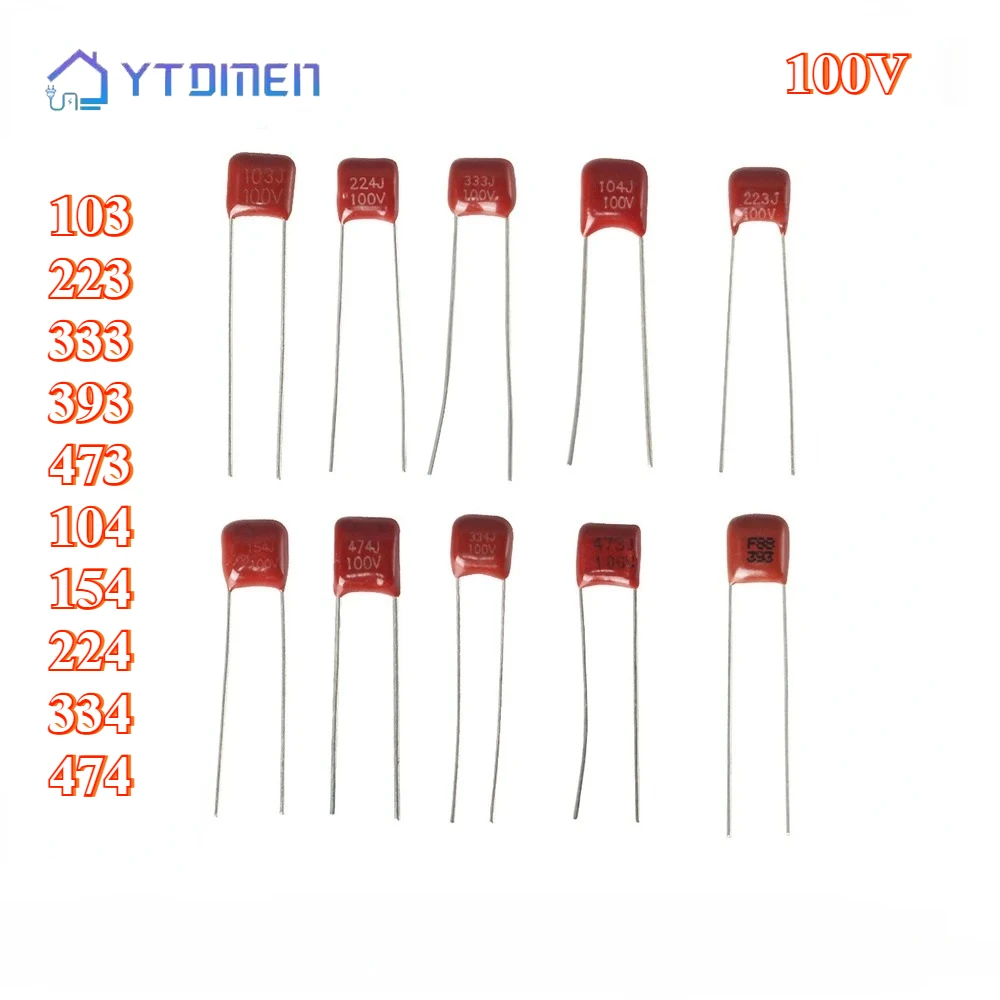 

100 шт. комплект конденсаторов CBB 100 В 103 223 333 393 473 104 154 224 334 474 10 Vuales комплект полипропиленовых пленочных конденсаторов