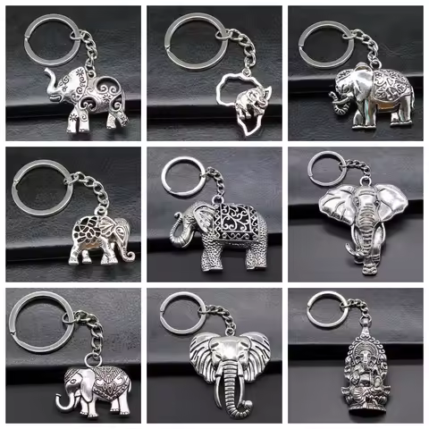 New Fashion Men Car Keychain Key Ring DIY Metal Holder Chain Vintage Elephant Ancient Bronze Silver Color Pendant Gift