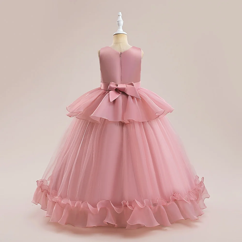 Pink Beading Tulle Party Dresses For Elegant Girls Kids Sleeveless Floral Birthday Baptism Tutu Gown Teens Evening New Costumes