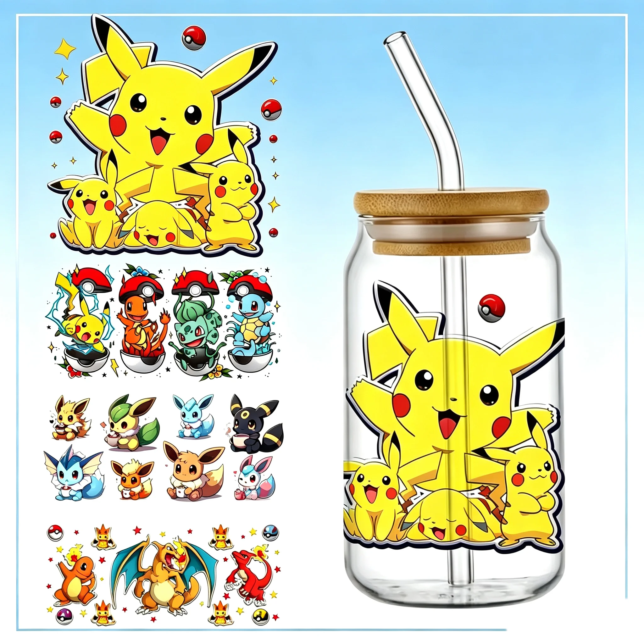Funko Bestseller Niedliche Pokemon Beliebte 16oz UV DTF 3D Transfer Cartoon Aufkleber Folienaufkleber für Glas Dosen Becher Basteln DIY Kreativ