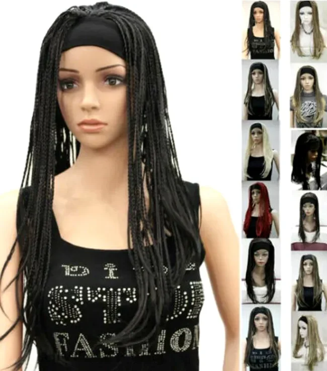 

6olour Synthetic Long Straight Hand Made Braids 3/4 Half Full Wig Headband Women Wig