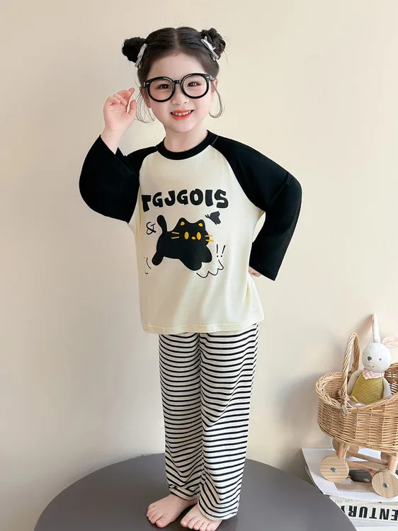 

Girls' Spring Cartoon Long Sve Striped Loose Casual Modal Home Clothes Two-Piece Set Comfortable Elastic Spring Outfit