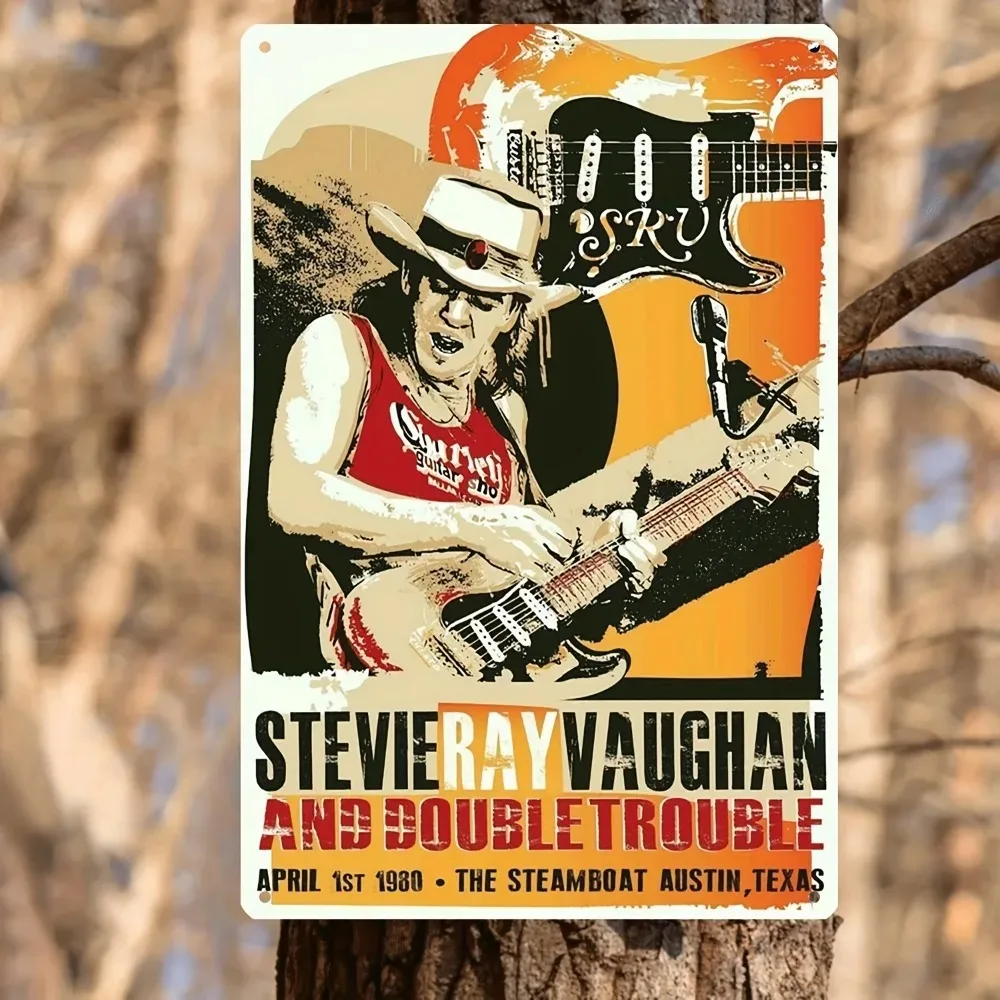 

1pc Vaughan Concert Distressed Aluminum Sign – 8x12 Inch Retro Poster Reprint with Electric Guitar Silhouette & StageLight Motif