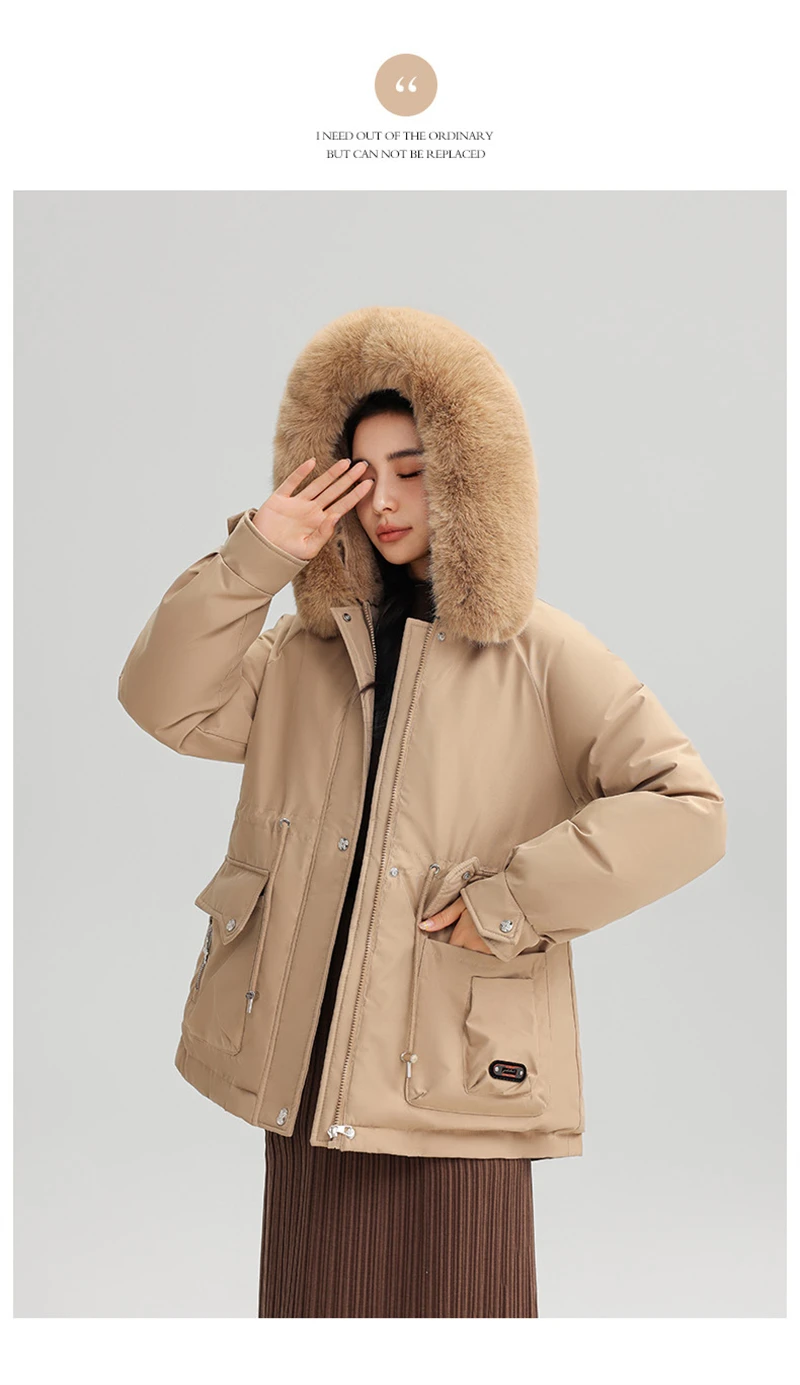 Winter New Warm Down Cotton Jacket with Large Fur Collar Hooded Coat Loose Women Thicken Parker Puffer Overcoat Casual Wear