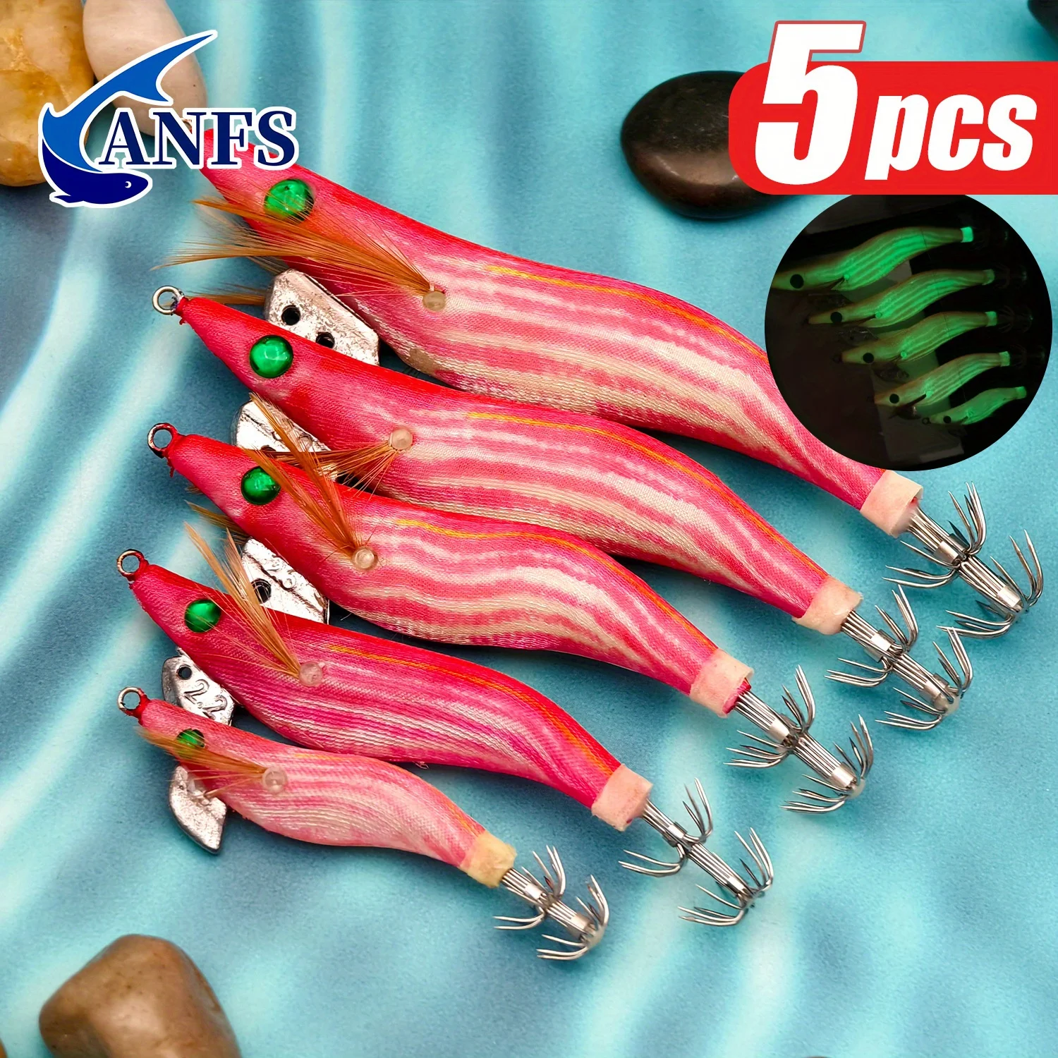 ANFS 5 قطع من طُعم صيد الحبار، طُعم الروبيان الاصطناعي للصيد الليلي، طُعم صيد السمك لصيد الأسماك في المياه المالحة #2