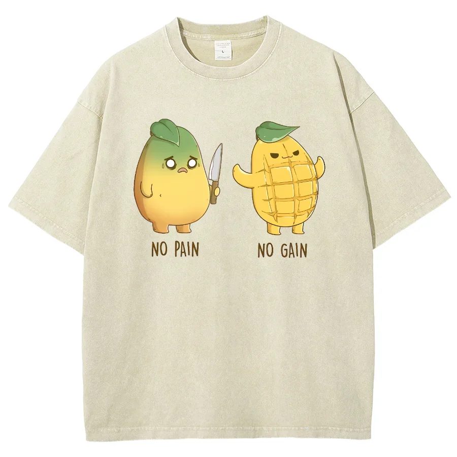 Cute Funny Mango With Corn Print Women's T-Shirt For Summer Loose Wash Unisex Short Sleeve Casual Simple Top 2024