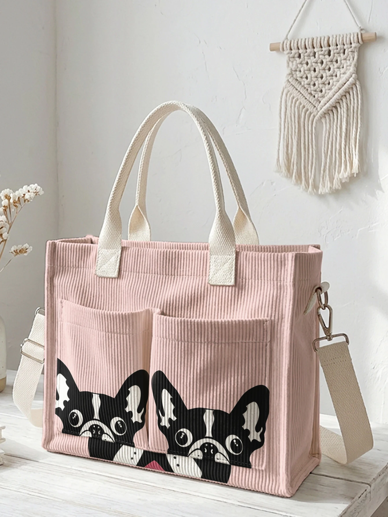 Cute Peeking French Bulldog Print Pink Corduroy Tote Bag Large Capacity Multi Pocket Dog Lover Commuter Shoulder Bag