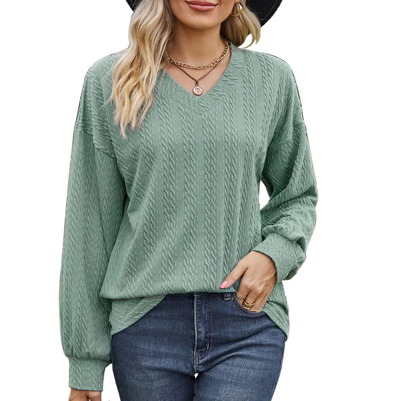 2023 New Autumn and Winter Fashion Solid Color V-neck Casual Versatile Simple Long Sleeve Temperament Fried Dough Twists Blouse