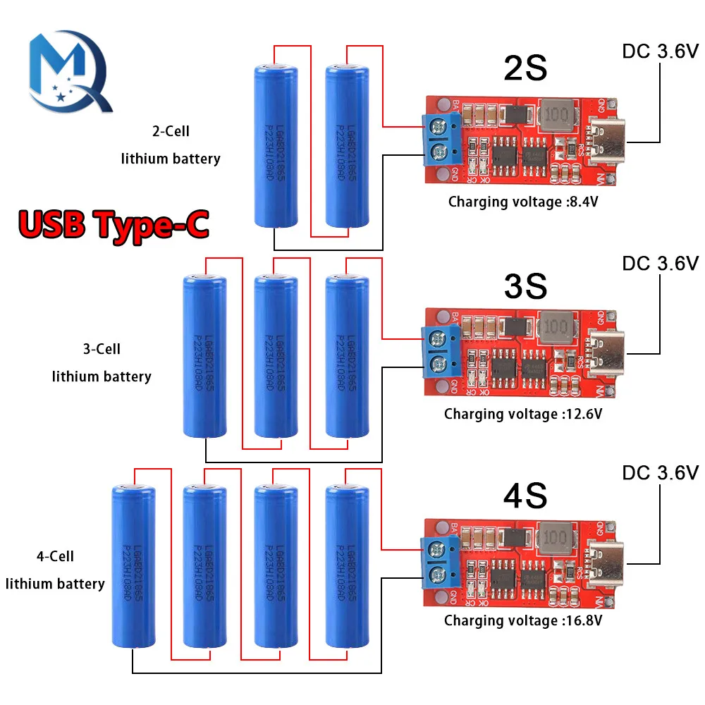 Type-C USB 2S 3S 4S  To 8.4V 12.6V 16.8V Step-Up Boost LiPo Polymer Li-Ion Charger 7.4V 11.1V 14.8V 18650 Lithium Battery