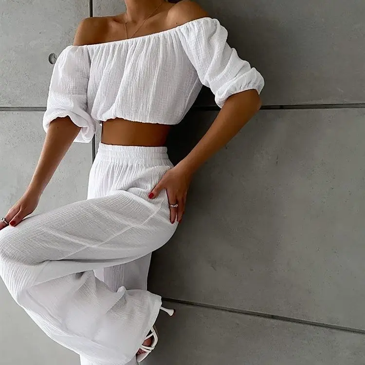 Casual Suit 100% Cotton 2 Piece Sets Womens Outfits Puff Sleeve Slash Neck Tops Cozy Wide Leg Pant Sets Suits High Streetwear