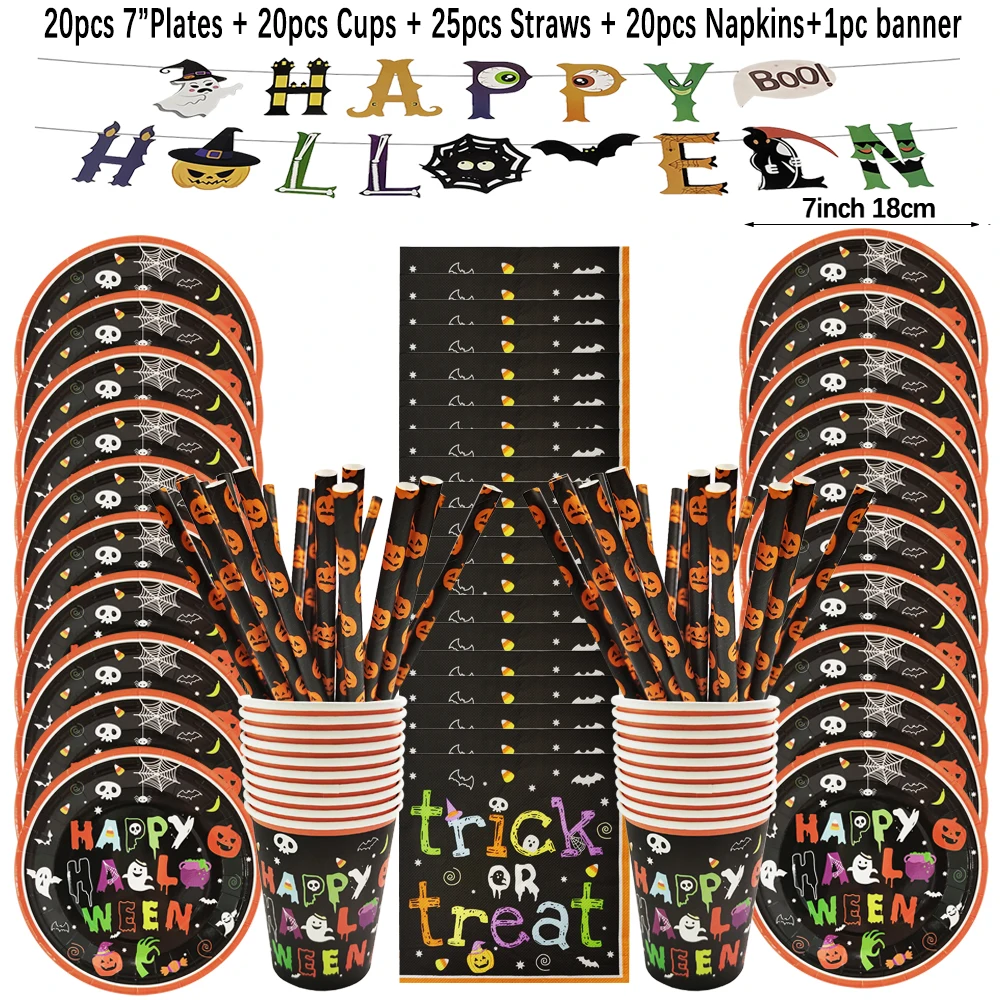 Halloween Pumpkin Disposable Tableware Bat Skeleton Castle Paper Plates Cups Napkins for Halloween Horror Party Decor Supplies
