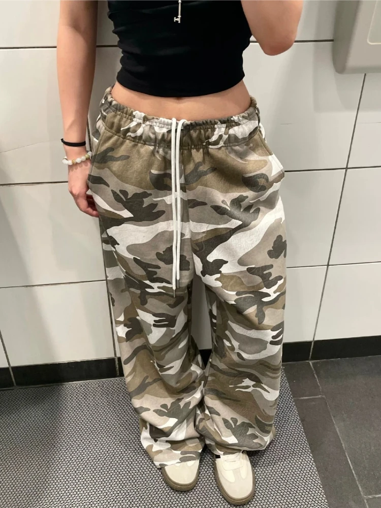 American Style Retro Camouflage Casual Pants Loose Versatile Wide Leg Pants Women Casual Elasticity Drawstring Trousers Women