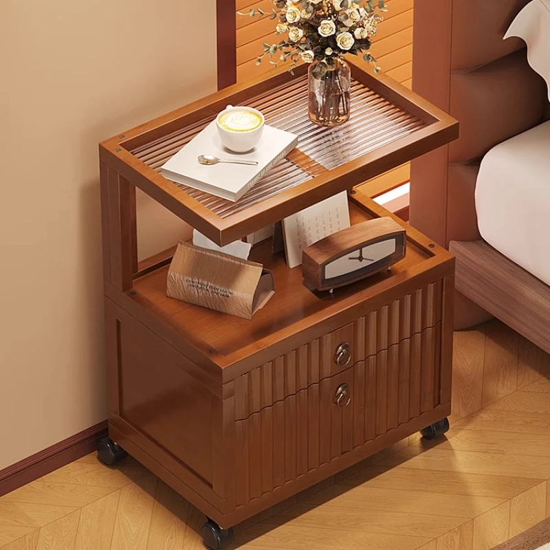 

Бамбуковая двухслойная тумбочка, современный приставной столик на колесиках, многофункциональная мебель для спальни, простая полка для хранения в гостиной