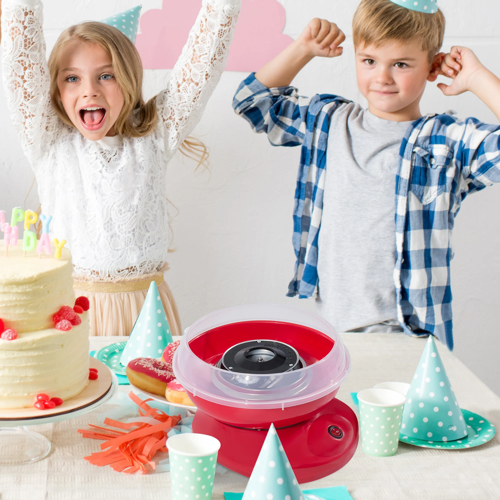 HOMCOM Macchina per Zucchero Filato con Bacchette e Cucchiaio Dosatore, Altezza 18 cm, 550W, per Feste di Compleanno per Bambini, Rosso