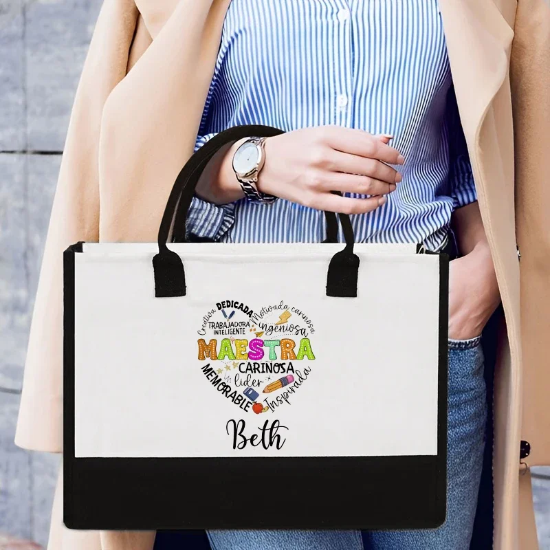 Maestra Teacher Personalized Name Tote Bag Color Block Fashion Shoulder Bag Large Capacity Storage Shopping Bags Handbag Custom