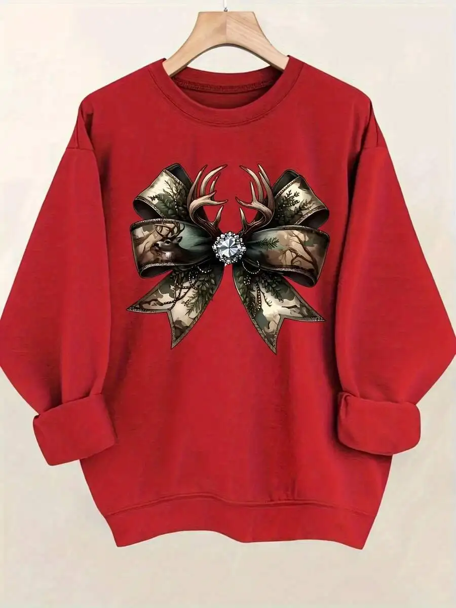 Sudadera fina con cuello redondo y estampado de cuernos de ciervo y piedras preciosas sintéticas para mujer, jersey informal de manga larga para ocasiones festivas de otoño e invierno