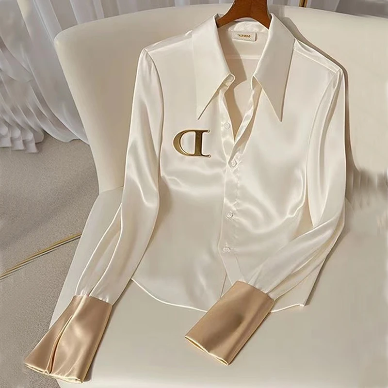Satin Shirt Tops 2024 Fall All-in-one Ladies Long Sleeve Elegant Solid Color Shirt Fashion High Suit French New Suit Dress Set