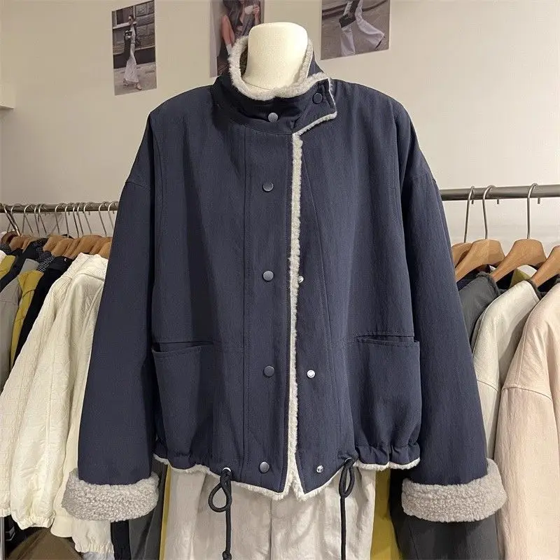 Autumn and Winter New Women's Imitation Lamb Wool Cotton Jacket Windproof Stand Up Collar Jacket