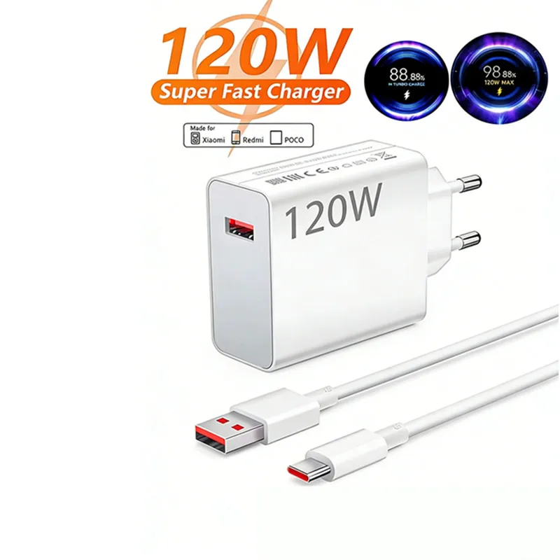 120W Fast USB Charger for Xiaomi 11 12 13 14 Redmi Note 11T 