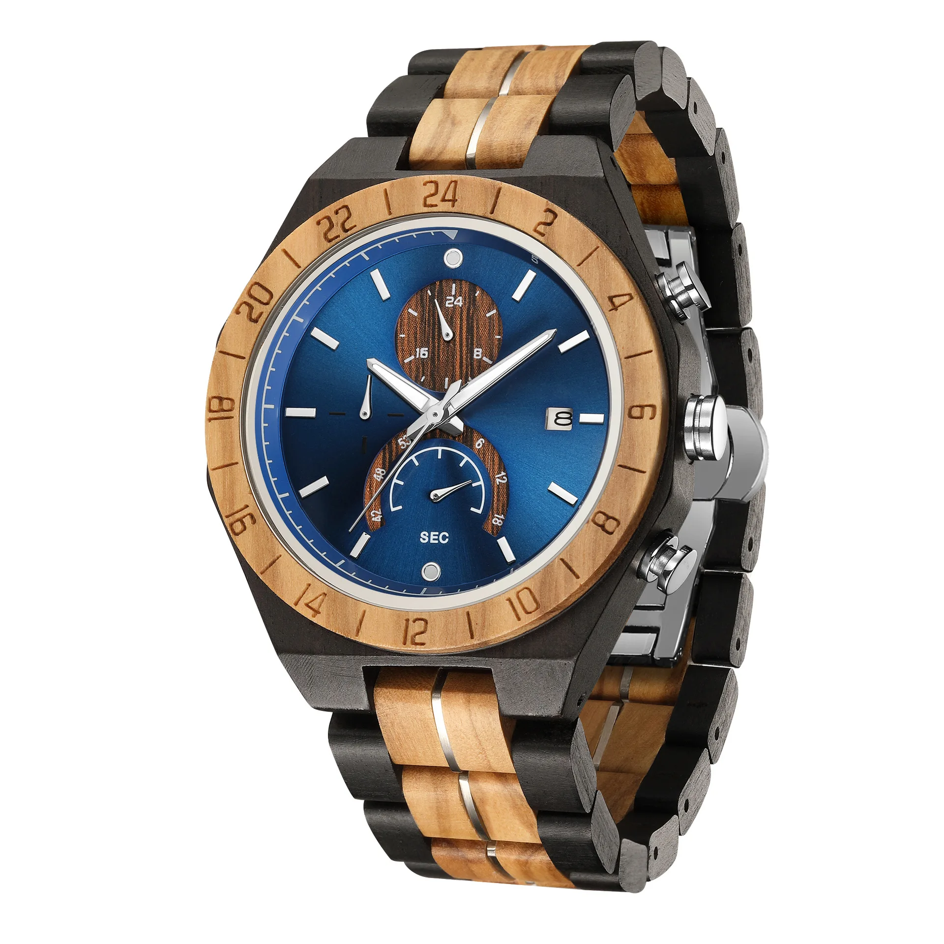 New Fashion Men's Wooden Watch Multi-Function Quartz Three-Eye Six-Hand Stylish Wood Watches