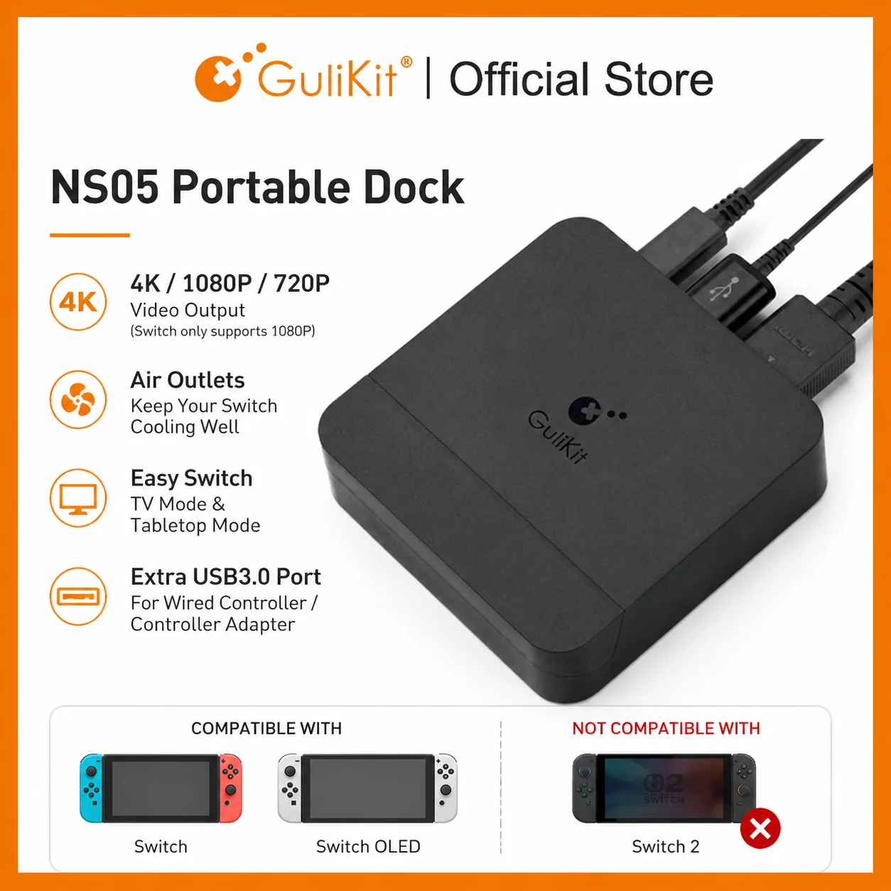 Gulikit NS05 Portable Dock for Switch Docking Station with USB-C PD Charging Stand Adapter USB 3.0 Port for Nintendo Switch OLED