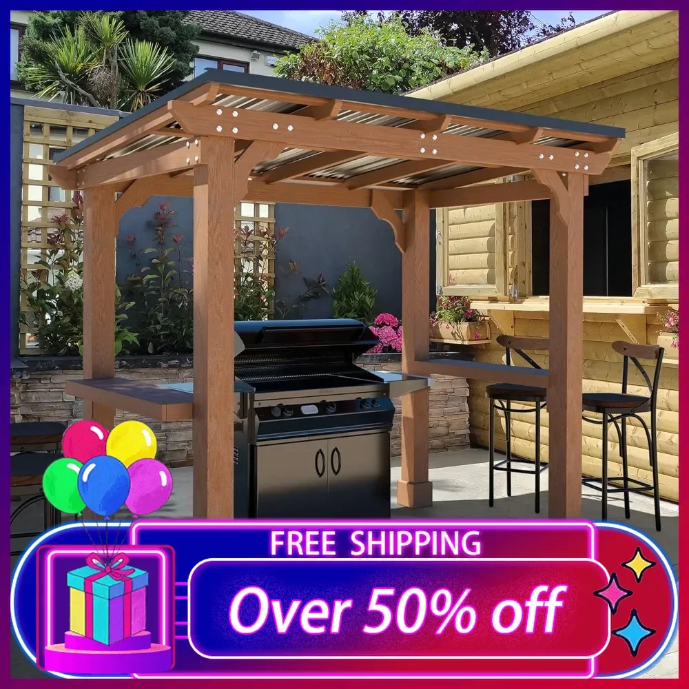 

8’x5’ Grill Gazebo, Patio Gazebo with Hardtop Metal Roof, Rainwater Drainage, Wood Frame, BBQ Gazebo for Barbecue, Backyard