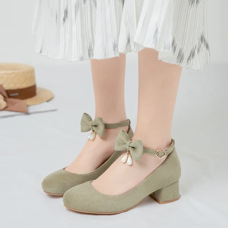 

Bowtie Pearls Girl Mary Janes Shoes Summer New 2024 Flock Block Heels Ankle Strap Party School Student Green Pink Pumps