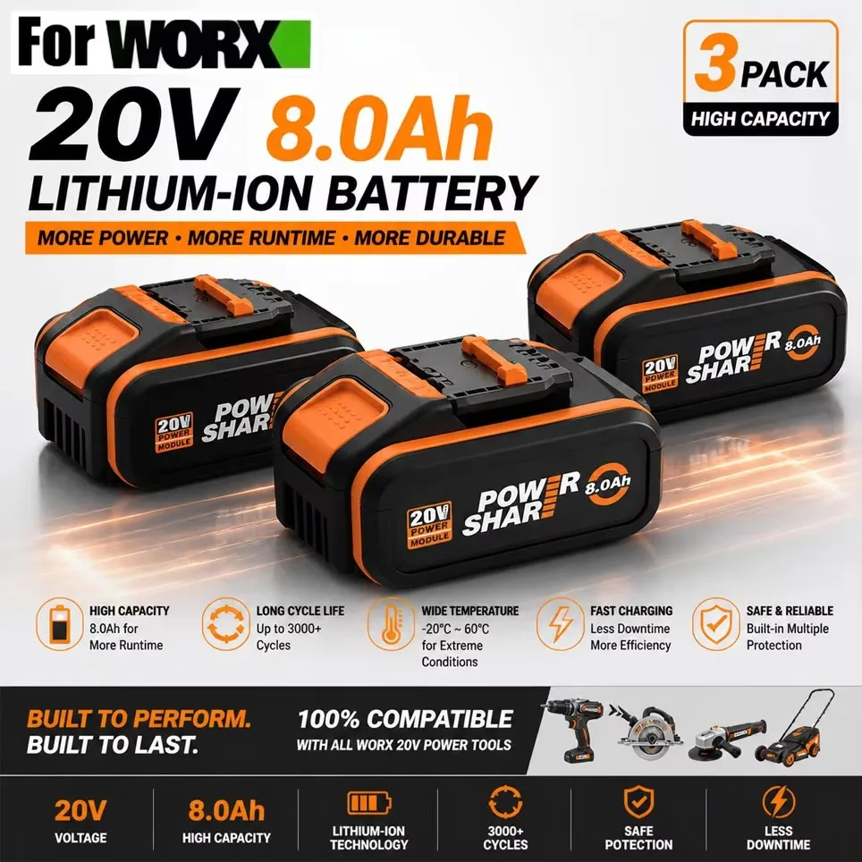 Image of Original Worx 20V 8,0Ah Hochleistungsakku, Modell WA3553 WA3551 WA3553.1 WA3570, für Alle WORX Elektrowerkzeuge