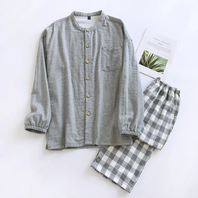 

2025 New Japanese Spring and Autumn Men's Pajama Set 100%Cotton Plaid Long Sleeve Pants Home Suit Two Piece Cardigan Set for Men