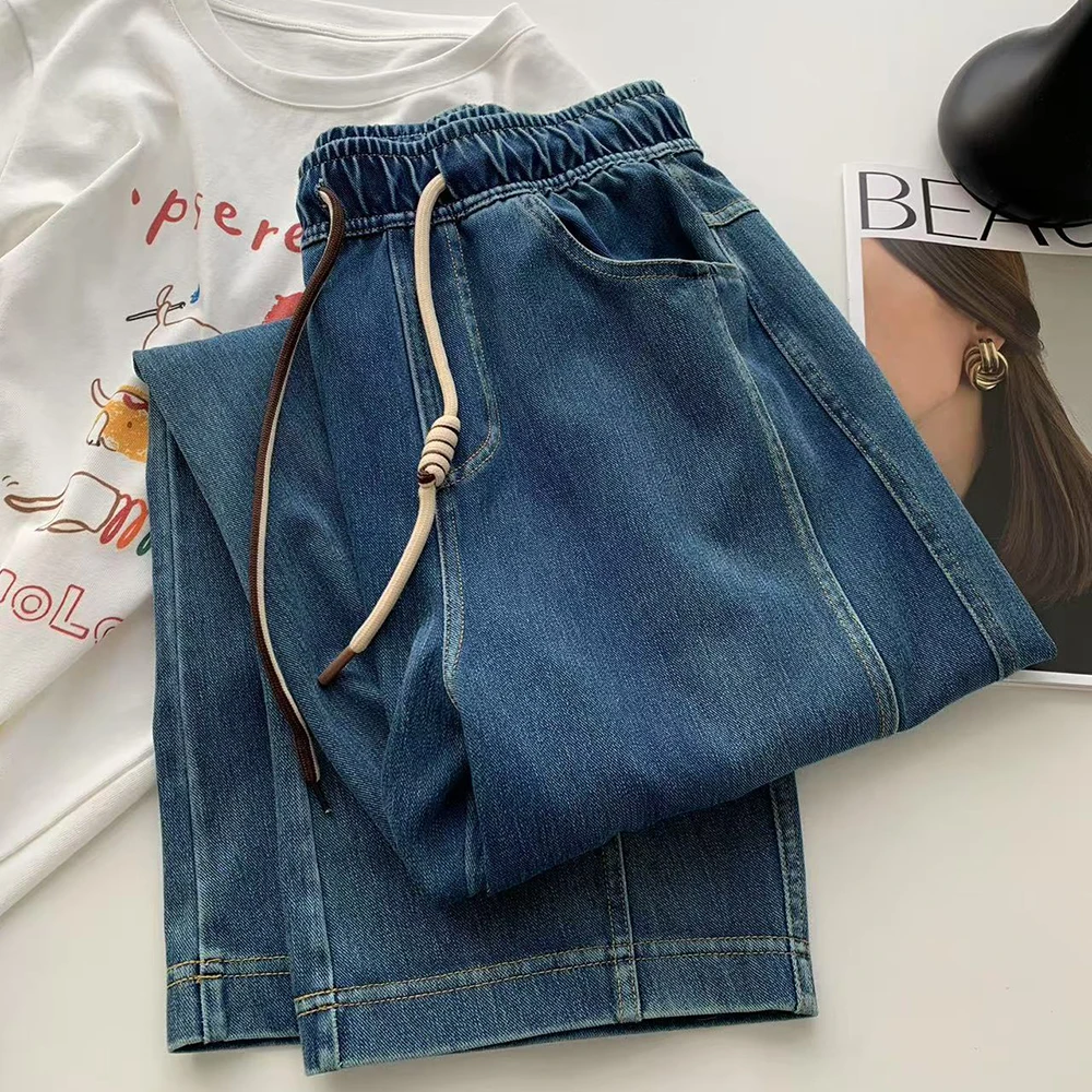 

Retro Blue Drawstring Soft Women Jeans 2026 Spring Elastic Waist Casual Straight Loose Denim Pants Comfortable Versatile Jeans