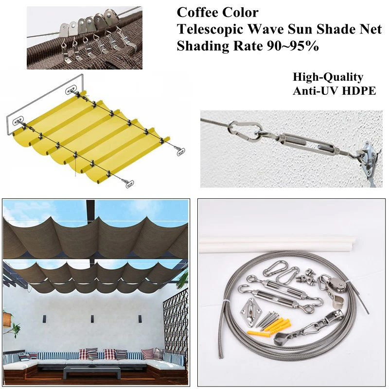 

Coffee Color Telescopic Wave Sunshade Net Courtyard Sun Shading Sail Outdoor Awning Swimming Pool Cover Home Garden Sun Canopy