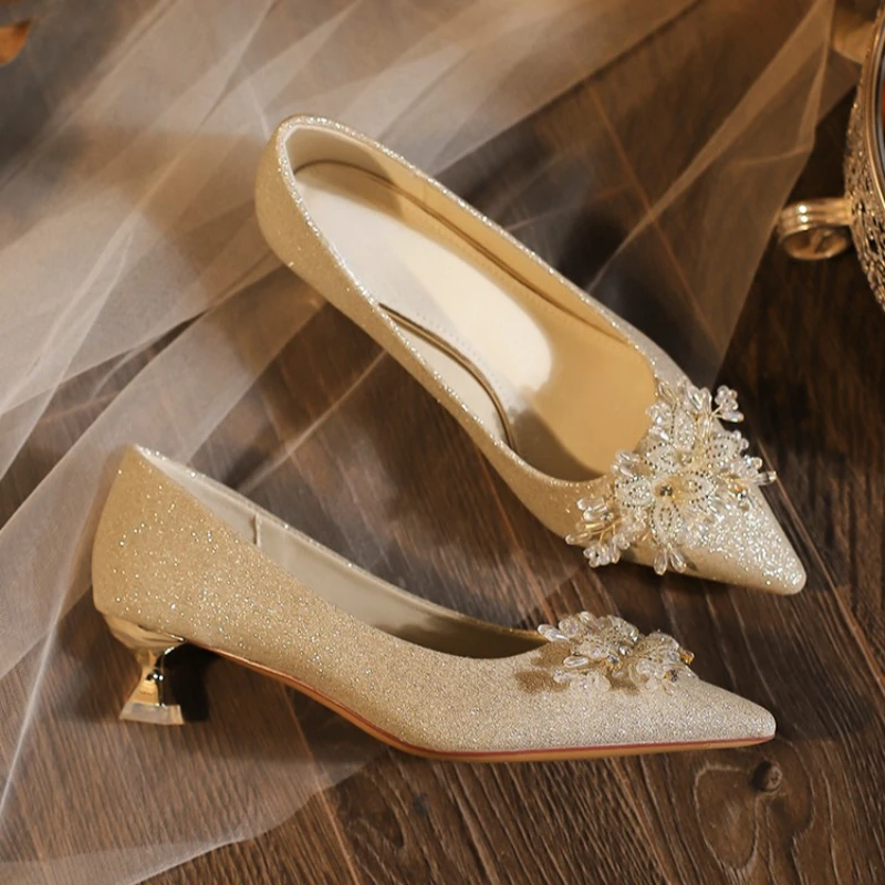 2025  Leisure Classic Pumps Female Slip on Thin High Heels Pointed Toe Wedding Shoes for Women Flower Crystal Bling Summer Shoes